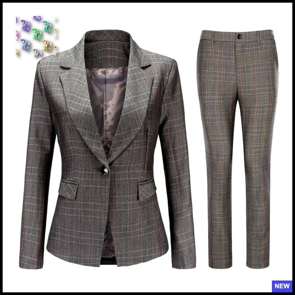 Pants - Vintage Plaid Suit Set Two Piece Blazer Pants Classic Elegant Office Wear